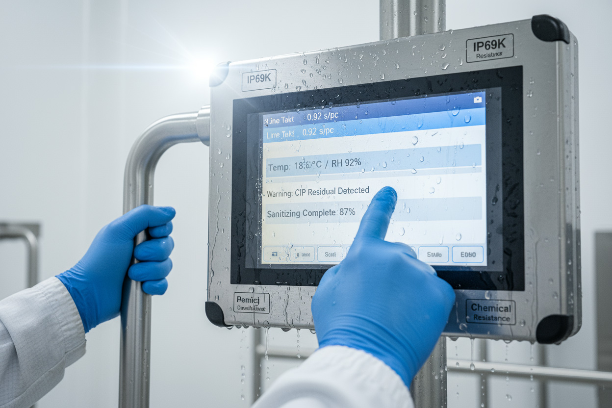 The environment exhibits high humidity, and intense illumination causes significant reflections on the display glass.