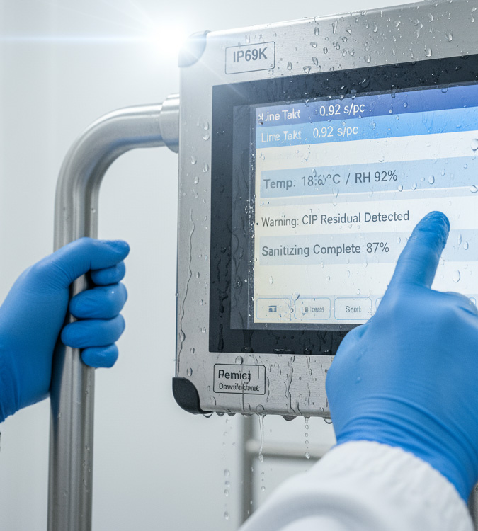 The environment exhibits high humidity, and intense illumination causes significant reflections on the display glass.