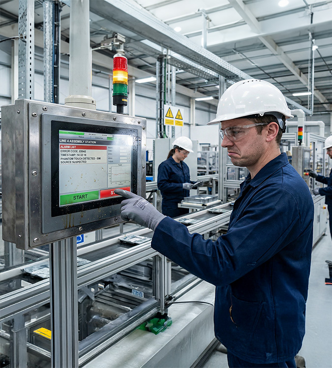 Engineers operate HMI panels on automated production lines.