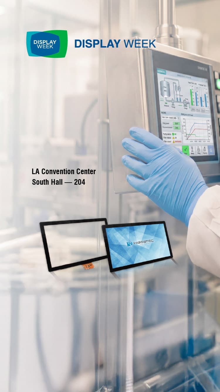 Display Week exhibition banner showcasing Higgstec touch display technology and industrial interface solutions