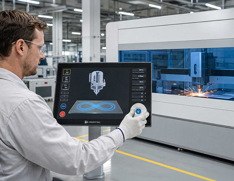 Industrial touch screen featuring Higgstec knob design for intuitive HMI control in automation.