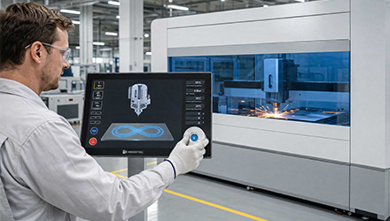 Industrial Laser Factory Worker Operating HIGGSTEC HMI Panel