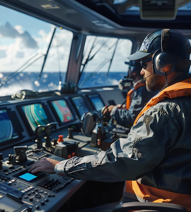Sunlight readable marine LCD display and rugged monitors installed on a vessel bridge console.
