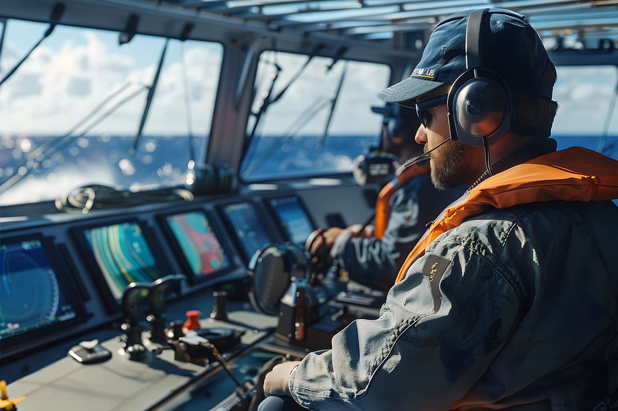 Operator using sunlight readable marine navigation displays and rugged monitors on a ship bridge.