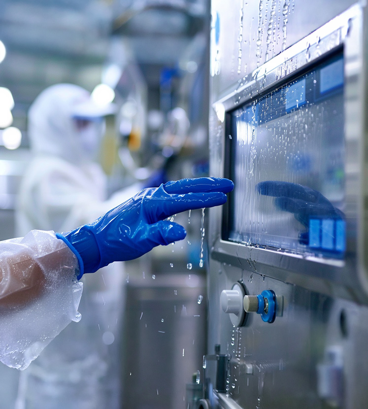 工業 HMI 防水噴濺蓋板玻璃：作業員戴橡膠手套於水漬環境操作觸控面板