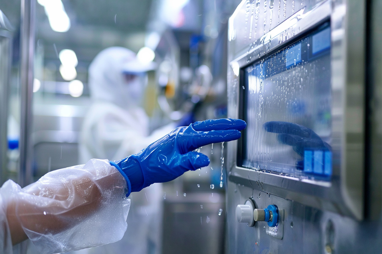 Industrial cover glass with splash protection – cleanroom worker operating HMI panel in high-moisture environment