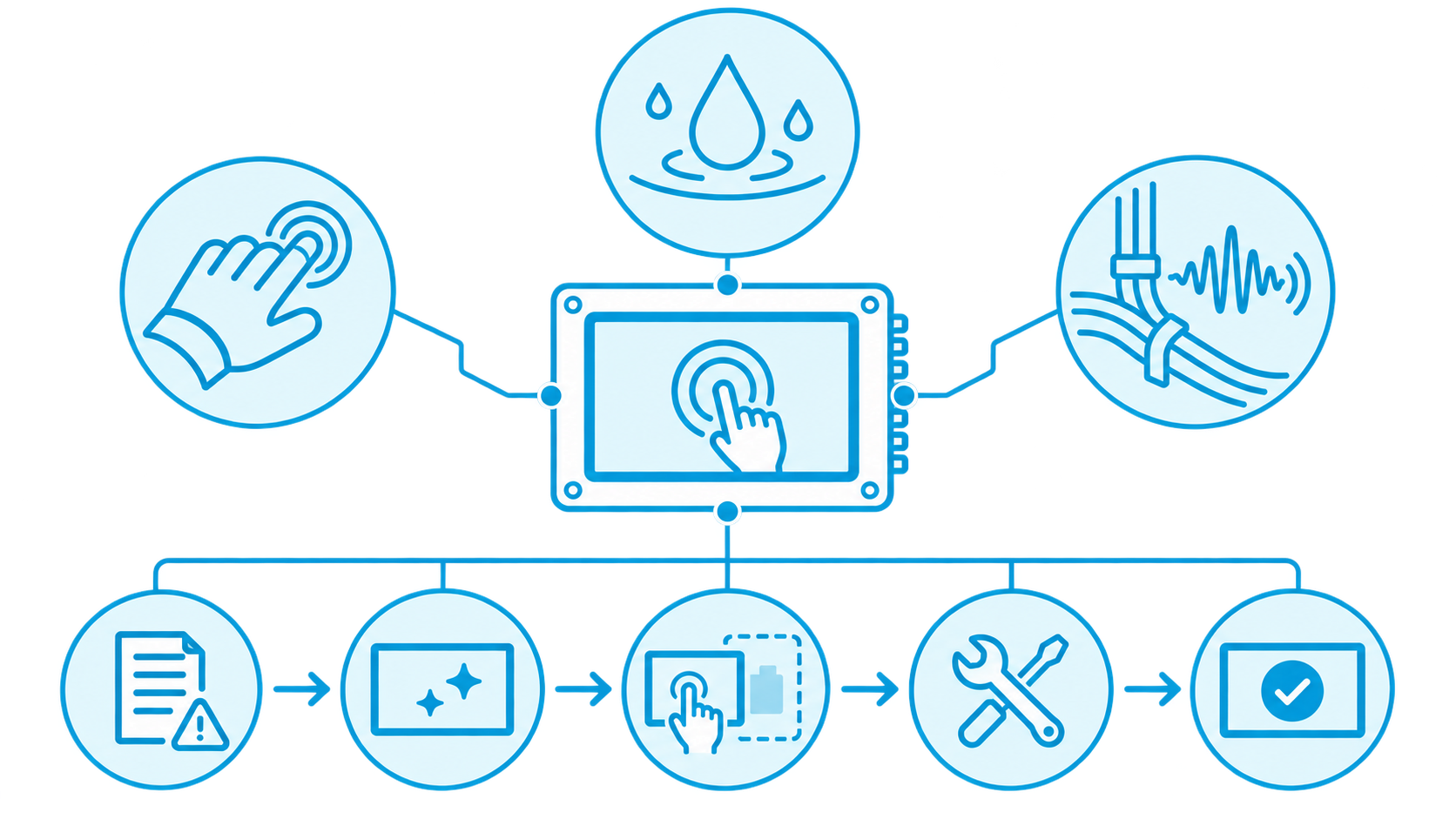 Industrial PCAP touch interface illustrating ghost-touch troubleshooting conditions