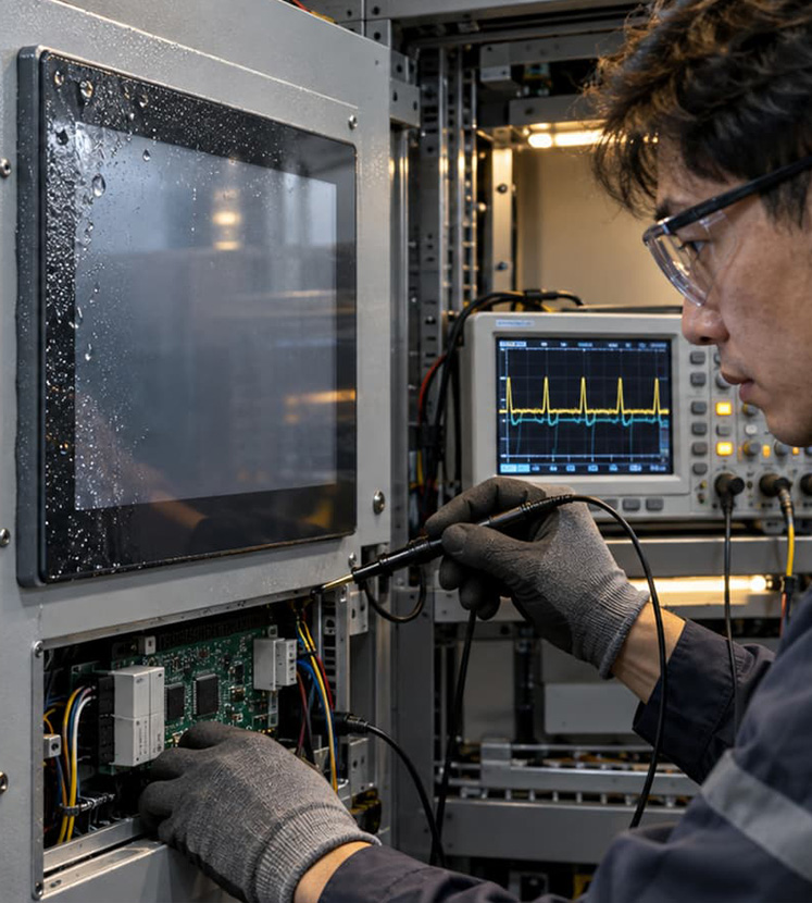 Industrial engineer testing a wet touchscreen HMI with an oscilloscope during system validation