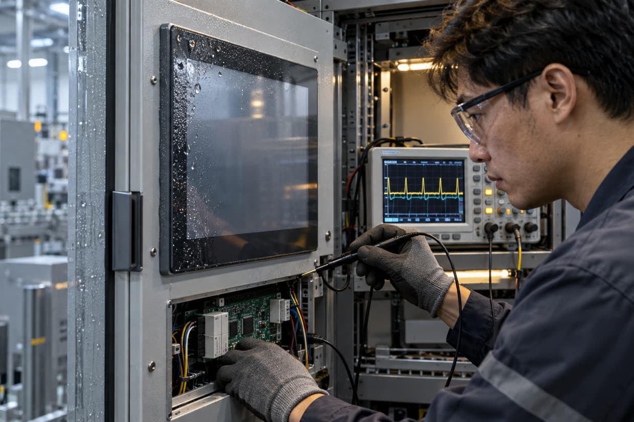 Technician measuring signals on an industrial touch display with visible water droplets on the cover glass